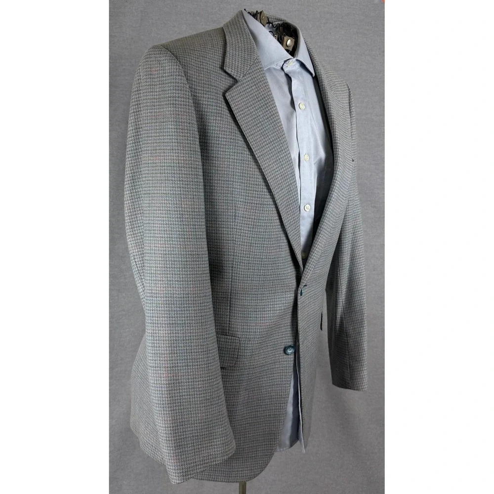 Vintage Bespoke‎ Mens Pure Wool Blazer Blue Grey Check Sport Coat Houndstooth